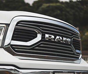 Close up of the RAM laramie front grille in chrome