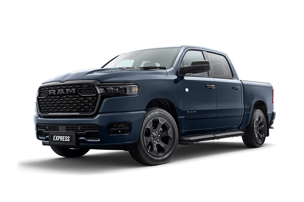 Front 3/4 render of a RAM Truck with a Forged Blue paint finish